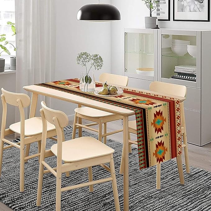 Aztec Southwest Table Runner, Ethnic Style Geometric Triditional Kitchen Table Runners Table Setting Decor for Garden Farmhouse Wedding Party Holiday Dinner Home, 13x60 Inch