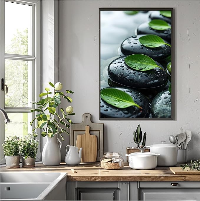Glittering black stone cluster with fresh green leaves and water drops poster tranquil mist rain wall art zen wall art suitable for modern minimalist home decor 24x36in Metal blackFramed