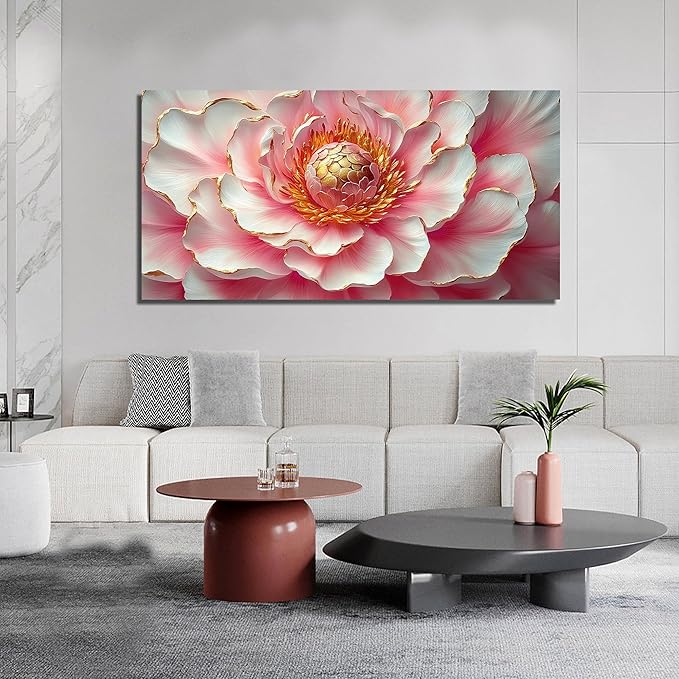 Elegant Pink & White Peony Floral Canvas Wall Art with Gold Accents, Abstract Flower Pictures for Living Room Bedroom Wall Decor, Printed Painting Artwork Home Decorations, Large Size 58x29 Inches