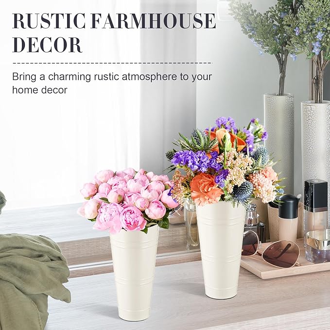 Zhehao 12 PCS 12 Inch Galvanized Metal Vase with Handles Bulk Tin Flower Buckets Galvanized Vases for Flowers Country Wedding Table Centerpieces Metal Flower Buckets for Wedding Home(Creamy White)