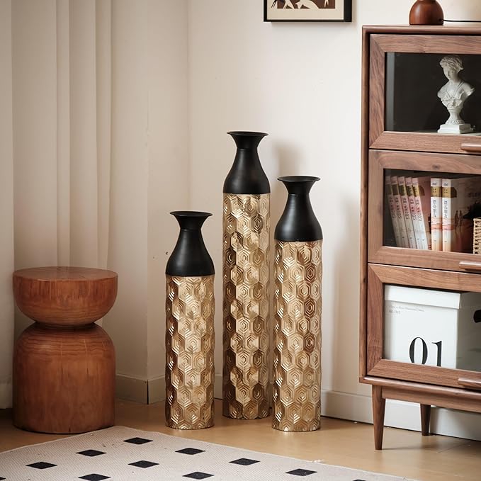 Floor Vases, Tall Home Decor Metal Vase Set of 3 Large Glazed Decorative Vases for Wedding Decor, Elegant Modern Flower Holder for Living Room, Entryway, Hallway, Dining Room