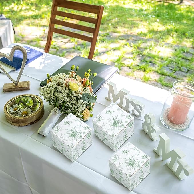 TecUnite 50 Pcs 3x3x3'' Green Floral Paper Gift Candy Boxes Chinoiserie Flower Paper Gift Box Small Green White Hydrangea Party Packaging Bag for Wedding Birthday Cardstock Shower Party Supply Decor