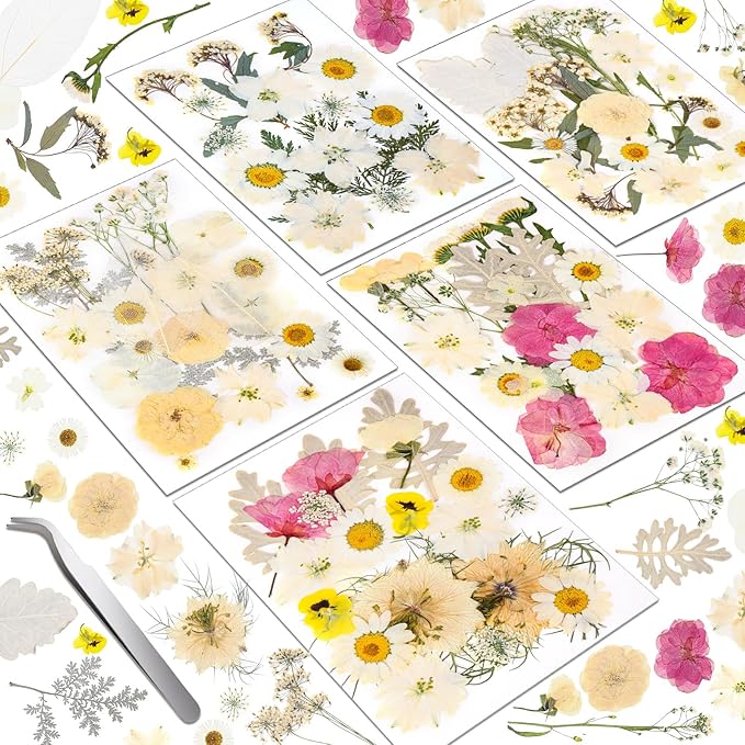 Dried Pressed Flowers for Resin, Real Pressed Flowers Dry Leaves Bulk Natural Herbs Kit for Scrapbooking DIY Art Crafts Epoxy Resin Jewelry Mold Candle Soap Making Nails Décor (White & Pink Floral)