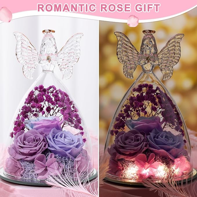 Christmas Rose Gifts for Women Preserved Real Flower in Glass Angel Figurines Roses for Delivery Prime Birthday Gifts for Mom Grandma Girlfriend Wife Her, Multi Purple