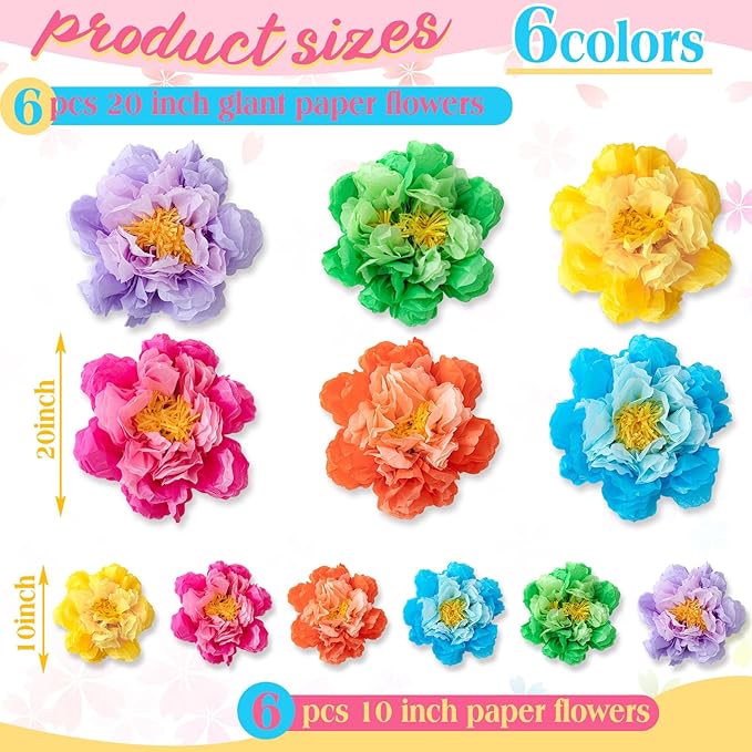 MotiMind 12 Pcs Large Colorful Tissue Paper Flowers 20" 10'' Giant Fiesta Paper Flowers Mexican Pom for Carnival Party Wall Backdrop Decoration Wedding Birthday(Bright Color)