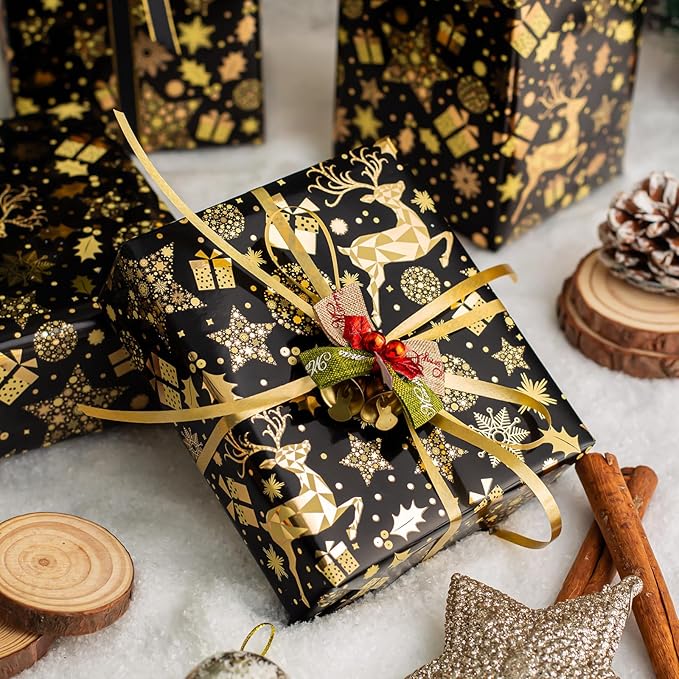 MAYPLUSS Shiny Christmas Wrapping Paper Roll - 17 Inch X 33 Feet - Luxury Metallic Foil Golden Reindeer Gift Snowflake Star on Black Design Winter Holiday Gift Wrap Paper for Party Birthday Wedding