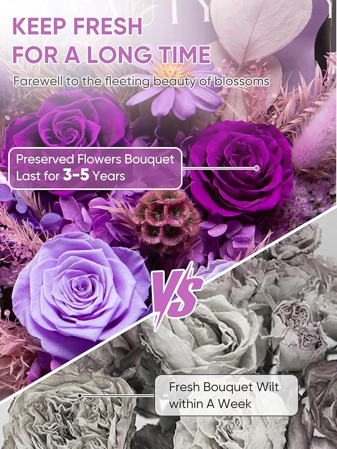 Flowers for Delivery Preserved Flower Fresh Bouquet Forever Flowers Birthday Gifts for Women Mom Anniversary Purple Real Rose Gifts for Grandma Sister Wife Her from Daughter Home Wedding Decor