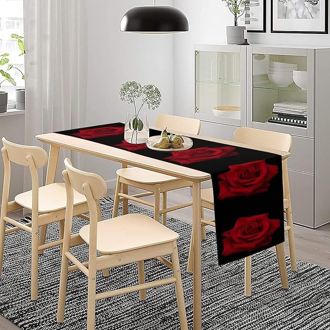 Red Rose Table Runner,Romantic Flower Black Table Runner for Indoor Outdoor Holiday Home Wedding Party 13x36 Inch