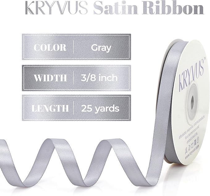 Gray Satin Ribbon, Double Faced 3/8 Inch X 25 Yards Gray Ribbon, Premium Satin Ribbon for Gift Wrapping, Crafts, Hair Bow Making, Sewing, Flower Bouquet, Wedding Party Decor