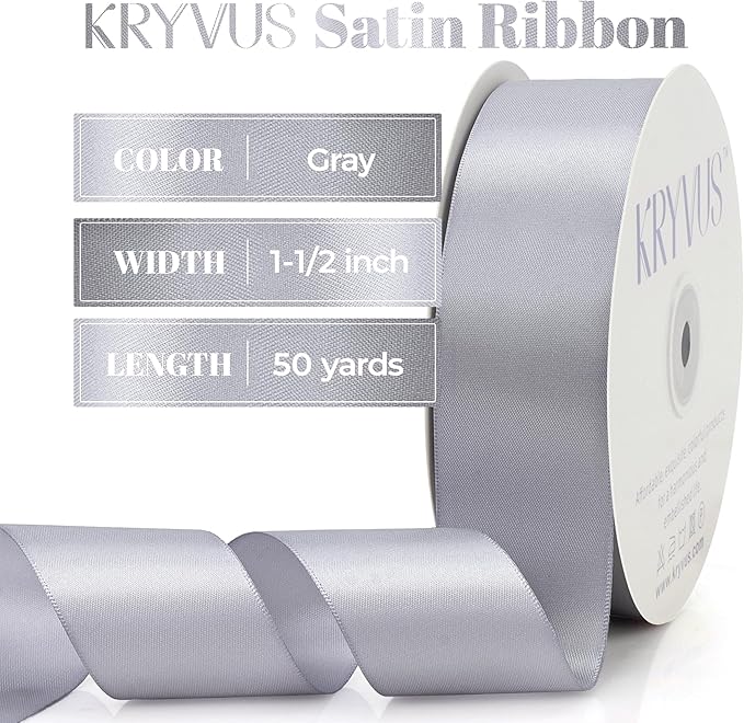 Gray Satin Ribbon, Double Faced 1-1/2 Inch X 50 Yards Gray Ribbon, Premium Satin Ribbon for Gift Wrapping, Crafts, Hair Bow Making, Sewing, Flower Bouquet, Wedding Party Decor