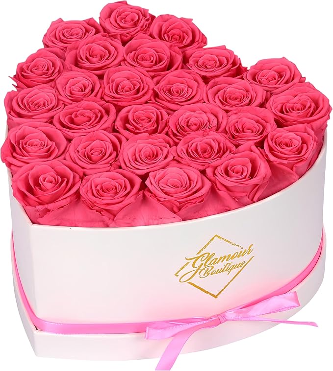 GLAMOUR BOUTIQUE Preserved Roses in a Box - Gifts for Her, Wife & Mom, Rose Flowers Forever Decor for Birthday Gift, Get Well Flower Bouquet Cased in White Box with Cover - Pink - 27-Piece