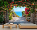 Mediterranean Arch Seaside Wall Mural, Flower Tunnel Ocean View 3D Wall Murals, Greek Island Style Wallpaper Mural, for Living Room Bedroom Large Wallpaper Indoor Decor 157.5" W x110.3 H