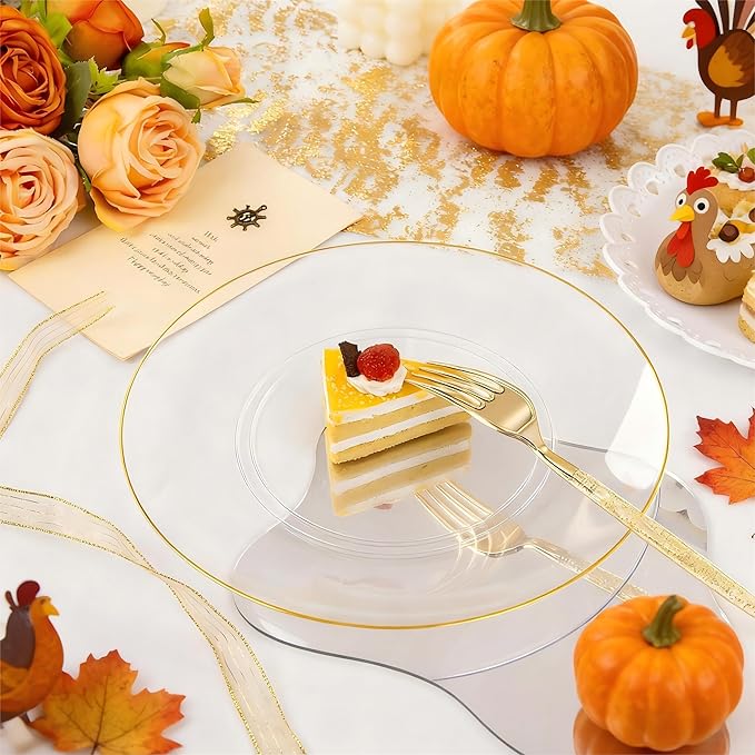Liacere 150PCS Clear Gold Plastic Plates - Gold Plastic Silverware with Glitter Handle - Clear Disposable Plates Include 30 Guests Plates, Forks, Spoons, Knives for Wedding & Party&Chrismas