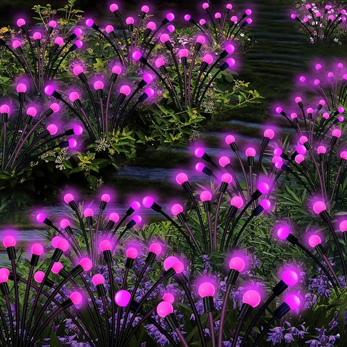 Kohlrabi Solar Garden Lights Outdoor, 6 Pack 60 LED Pink Firefly Lights Waterproof, Sway by Wind, Solar Swaying Light for Yard Patio Backyard Garden Planter Flower Bed Pathway Outdoor Decoration