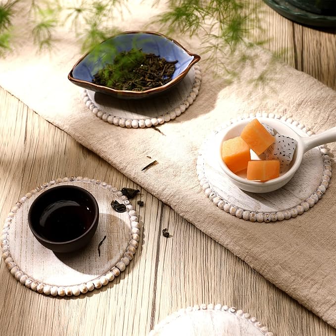 Honeydak 4 Pieces Wood Beaded Coasters 3.9 Inch Round Rustic Farmhouse Wooden Coasters for Drinks Decorative Table Top Wood Bar for Housewarming Home Kitchen(Beige)