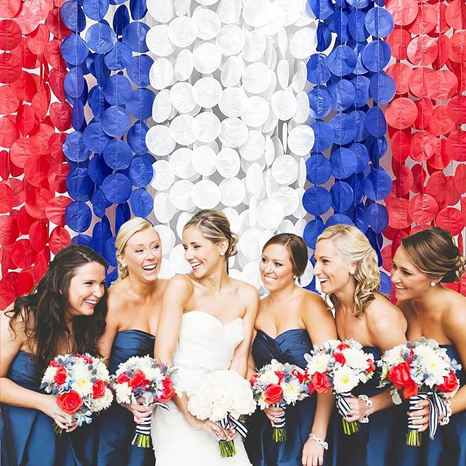 192Ft Royal Blue Red White Party Decorations Big Circle Dots Tissue Paper Backdrop Streamer Garland for 4th of July American USA National Day Patriotic Veterans Graduation Wedding Birthday Party