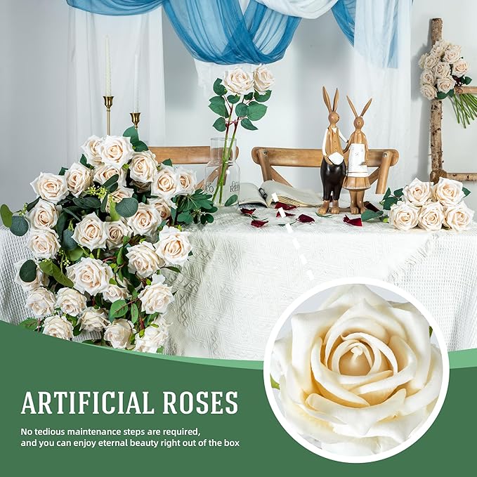 Fake Roses Faux Flowers Silk Roses 36PCS Artificial Roses with Stems Realistic Artificial Flowers Suitable for Indoor Home Decoration DIY Bouquet Wedding Decor Party Decor 16.5In (White)
