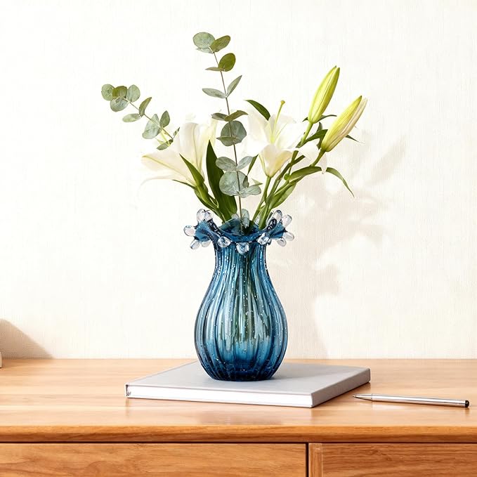 Hand-Blown Glass vase, Unique Blue Glass vase, Modern Art Decor, Suitable for Living Room Coffee Tables, Wedding centerpieces, Dining Tables, and Office Centerpiece Floral Arrangements