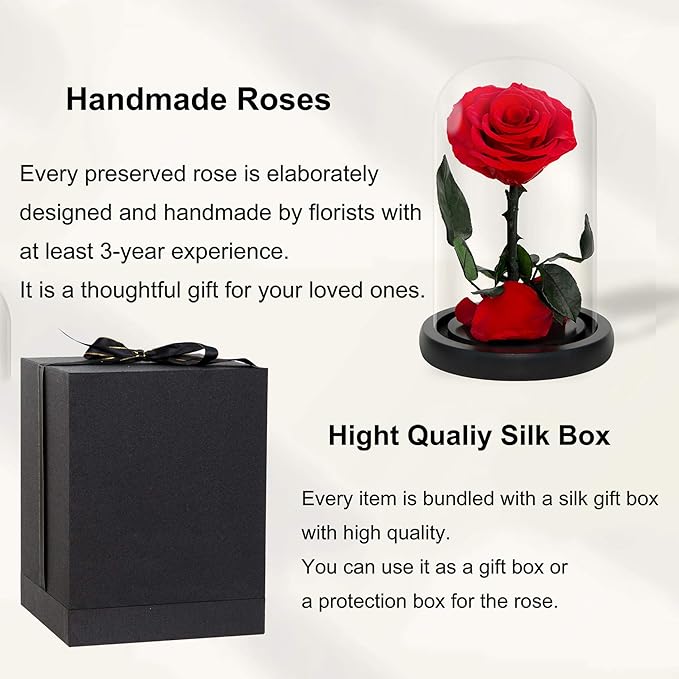NATROSES Handmade Preserved Roses in Glass Dome, Red Roses, Preserved Flowers Gifts for Women, Mothers Day Flowers