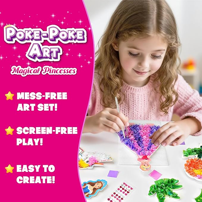 AGENTLAN Poke Art Princess Kit for Kids, DIY Craft Kits with Magical Princesses & Unicorn, Mess-Free Fabric Arts and Crafts, Fun & Easy Kits for Kids, Birthday Gifts for Ages 4 5 6 7 8+