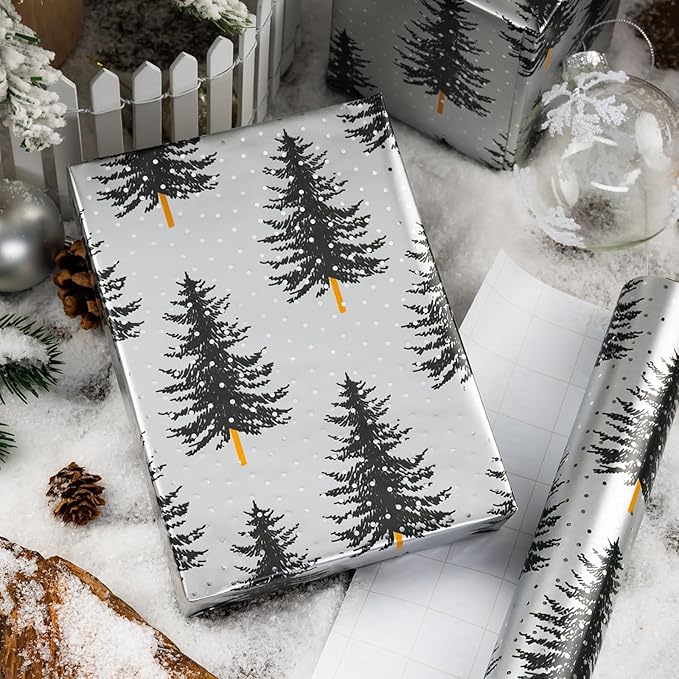 MAYPLUSS Christmas Gift Wrap Trees - 17 Inch X 33 Feet - Silver White Minimalist Christmas Trees Wrapping Paper Winter Festive Forest Present Sheet for Holiday, Seasonal Celebration
