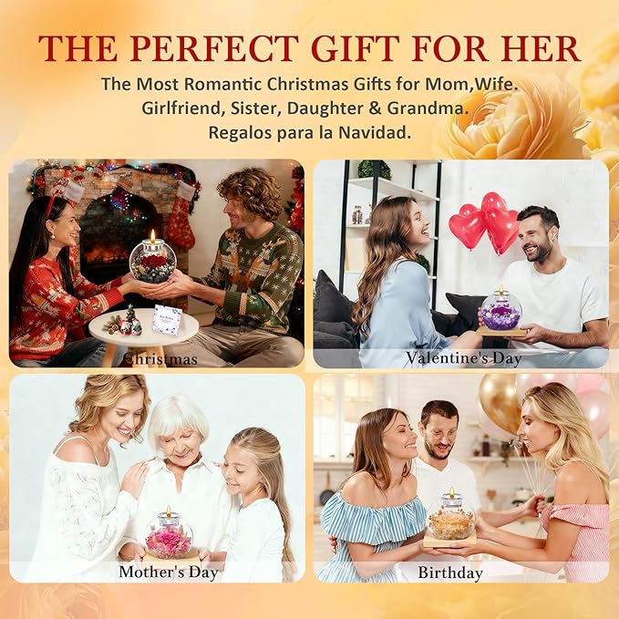 DEEMEI Gifts for Women Birthday Gifts for Women Preserved Real Rose in Glass Dome with Scented Fresh Flowers for Delivery Prime Eternal for Her Mom Grandma Wife Girlfriend Daughter, Red-Grey