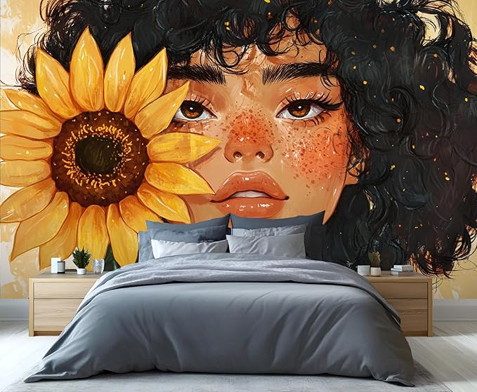 Sunflower Woman Art Wall Mural, Curly Hair Girl with Sunflower 3d Wall Murals, Modern Portrait and Flower Wallpaper Mural, for Living Room Bedroom Large Wallpaper Indoor Decor 118"W x 82.6 "H