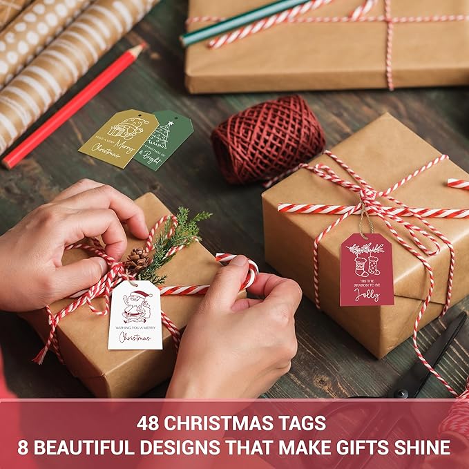 AUDREE 48 Pcs Christmas Gift Tags with String - Funny Holiday Gift Tags for Xmas Presents - Christmas Name Tags for Gifts - Hanging Labels Decoration Xmas Winter Holiday Present DIY Crafts