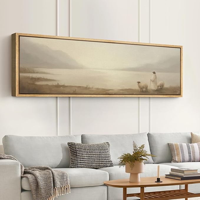 SIGNFORD Large Framed Canvas Print Wall Art Pastoral Scene with Shepherd and Sheep by Lake Illustrations Modern Art Relax/Calm Warm for Living Room, Bedroom, Office - 60"x20"