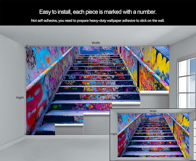 Graffiti Staircase Wall Mural, Urban Street Art 3D Wall Murals, Modern Hip-Hop Colorful Graffiti Steps Wallpaper Mural, for Living Room Bedroom Large Wallpaper Indoor Decor 169.3" W x118.2 H