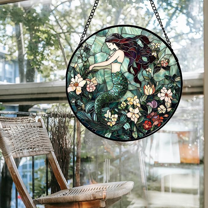 Stained Glass Window Hanging - Teal Sleeping Mermaid Suncatcher for Door Terrace Garden Home Decor, Sea of Flowers Sun Catcher Birthday Gifts for Lovers Women Men Dad Mom Nana 11.8 in