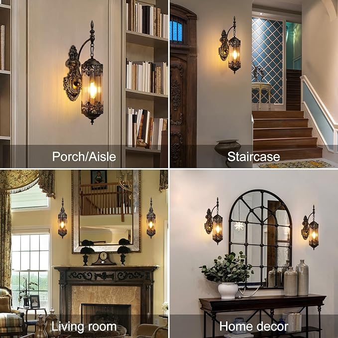 Antique Rustic Wall Sconce with Amber Glass Mini Vintage Gothic Wall Light Fixture Retro Farmhouse Mid Centry Lantern Wall Sconce for Bedroom, Hallway, Mirror, Bursh Gold, E12