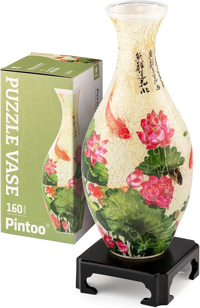 Pintoo 3D Puzzle Vase Unique Flower Vase Made by 160 Curved Plastic Puzzle Pieces House Warming Gift for Flower Arrangements and Home Decoration - [S1024] (Translucent, Carp with Lotus)