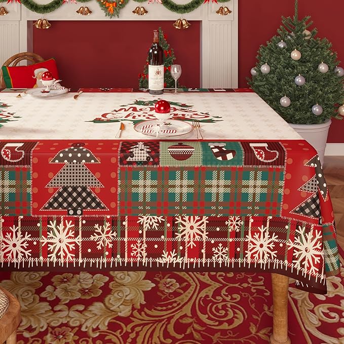 Christmas Rectangle Table Cloth,100% Waterproof Tablecloth,Christmas Decorations for Home, Vinyl Tablecloth Plastic Table Cover for Party，Picnic,Dining,Outdoor 54" x 102",Christmas Trees