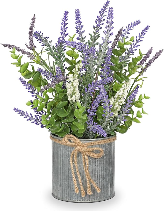 DILATATA Rustic Lavender Flowers Artificial Lavender Decor Fake Lavender Plant in Metal Pot Faux Plants in Pots for Home Bathroom Table Centerpieces Wedding Decor Potted Lavender Flower Purple Decor