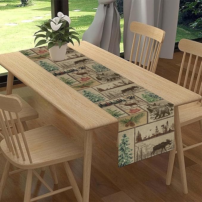 Rustic Cabin Table Runner, Farmhouse Deer Bear Retro Pine Forest Wooden Plank Wild Animal Seasonal Coffee Table Center Decor for Home Kitchen Dining Patio Holiday Party Table Decorations 13x72 inches