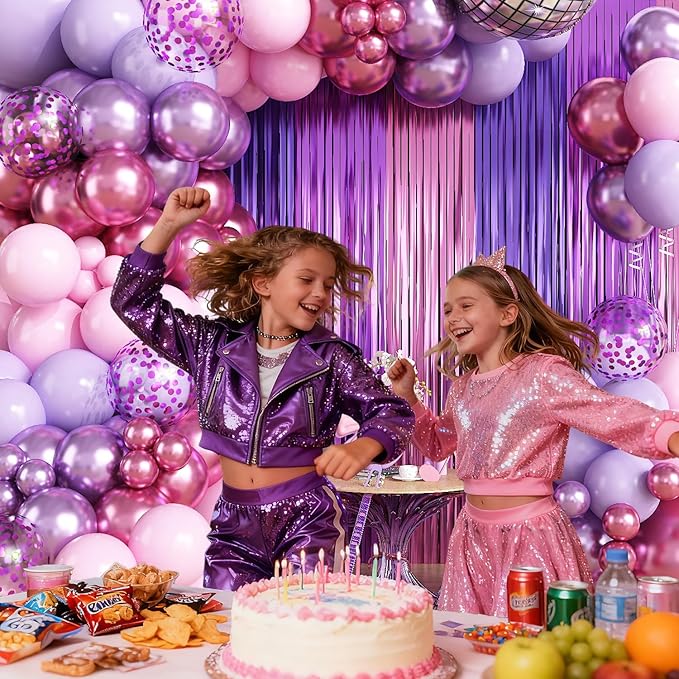 Purple Pink Balloon Garland Arch Kit Birthday Party Decorations, Music Themed Foil Fringe Curtains Backdrop Tinsel Streamer Photo Booth Props for Girls Butterfly Christmas Party Decor Supplies