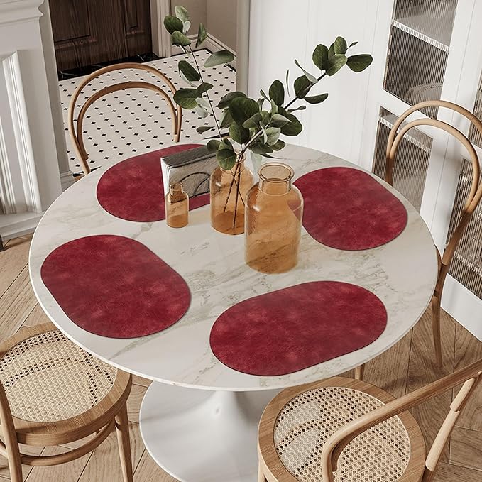 ADRIMER Placemats, Heat Resistant Oval Placemats Set of 12 Washable 12 x 17 Inch, Waterproof Table Mats, Wipeable Pu Place Mats for Kitchen, Dining Room, Wine Red