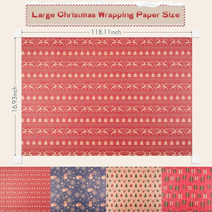 Happypapa Christmas Wrapping Paper, Kraft Xmas Wrapping Paper Rolls - Jingle Bell, Reindeer, Gift and Snowflakes Pattern - 4 Rolls - 17 Inch × 120 Inch Per Roll
