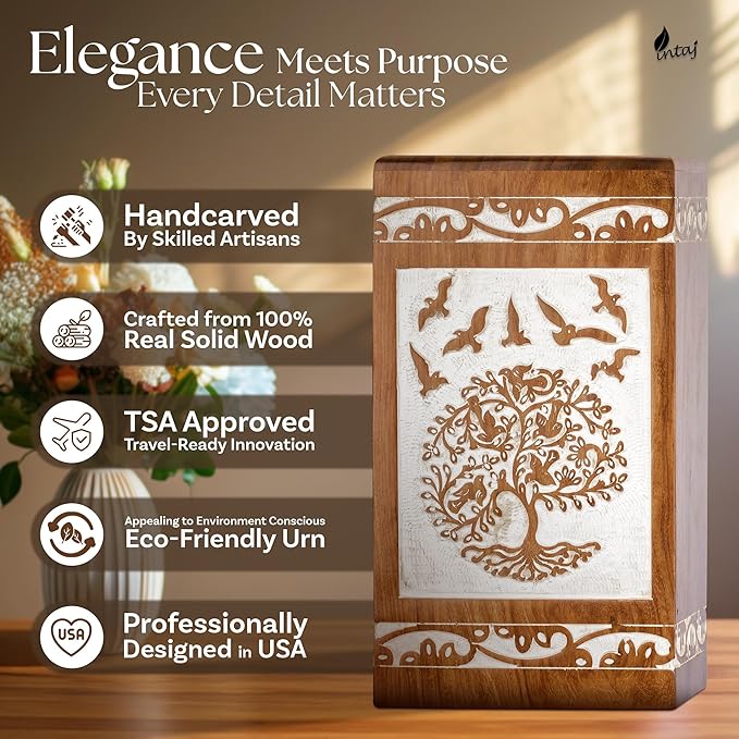 INTAJ Antique White Tree of Life Rosewood Urn for Human Ashes Adult Male Female - 250 lbs Capacity Wooden Cremation Urn Box Suitable for Burial Funeral Decorative Spiritual Memorial Casket