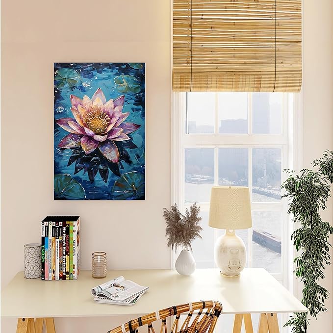 Gorgeous pink and purple water lilies on deep blue water Eye-catching oil painting Serene aquatic wall art for modern home decor 28x40in Wood Framed