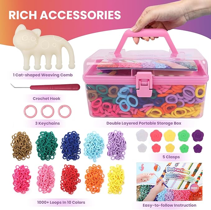 DDAI Bracelet Making Kit for Girls Ages 6-12 – Arts and Crafts for Kids Weaving Loom Bracelets Kits -1000+ Colorful Elastic Cloth Loom Bands – Great Birthday Gift for Girls Boys 7 8-12 Years Old