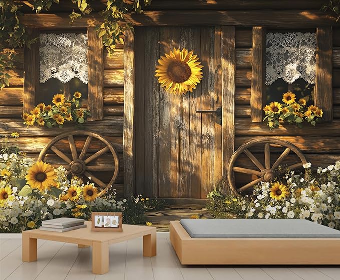 KIREUPA Rustic Cabin Sunflower Wall Mural, Vintage Cottage Door Sunflower 3d Wall Murals, Farmhouse Nature Wallpaper Mural, for Living Room Bedroom Large Wallpaper Indoor Decor 118" W x 82.6 "H