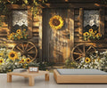 KIREUPA Rustic Cabin Sunflower Wall Mural, Vintage Cottage Door Sunflower 3d Wall Murals, Farmhouse Nature Wallpaper Mural, for Living Room Bedroom Large Wallpaper Indoor Decor 118" W x 82.6 "H