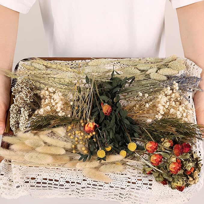 12 Kinds of Dried Flowers for Crafts Bulk DIY Natural Dried Pampas Grass Rose Lavender Babys Breath with Stems Dry Flower Bouquets with Hemp Rope Handmade DIY Ideas Home Decor Floral Arrangement