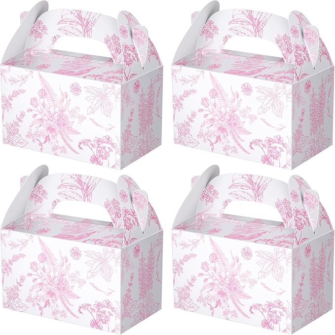 Dunzoom 24 Pack Pink Floral Paper Gift Boxes Party Favor Gift Gable Boxes with Chinoiserie Floral Printed Candy Treat Box for Wedding Birthday Tea Bridal Shower Party