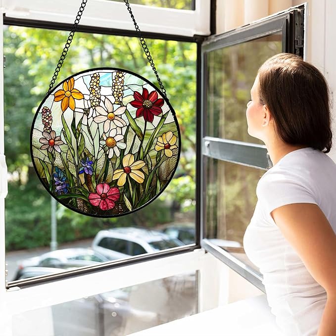 Stained Glass Window Hanging, Colorful Wildflowers Plant Scenery Suncatcher for Doors Window Home White Green Sun Catchers Decor Mother's Day Birthday Gifts for Women, Men Mom 15 in