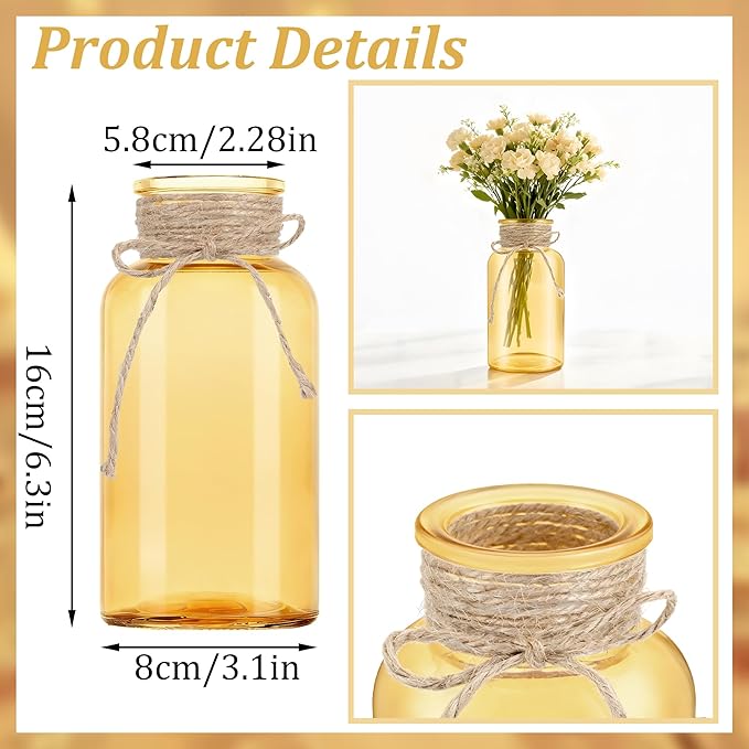 Vintage Glass Flower Vase，12 Pack Gold Amber Farmhouse Glass Centerpiece Vases Mason Jars for Weddings, Parties & Home Decor Bulk (12, Gold)