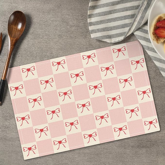 Pink Bow Placemats Set of 4, Table Mat for Home Kitchen, Restaurants, Outdoor Linen Washable Place Mats 12x18 inch Party Event Dining Decoration-03