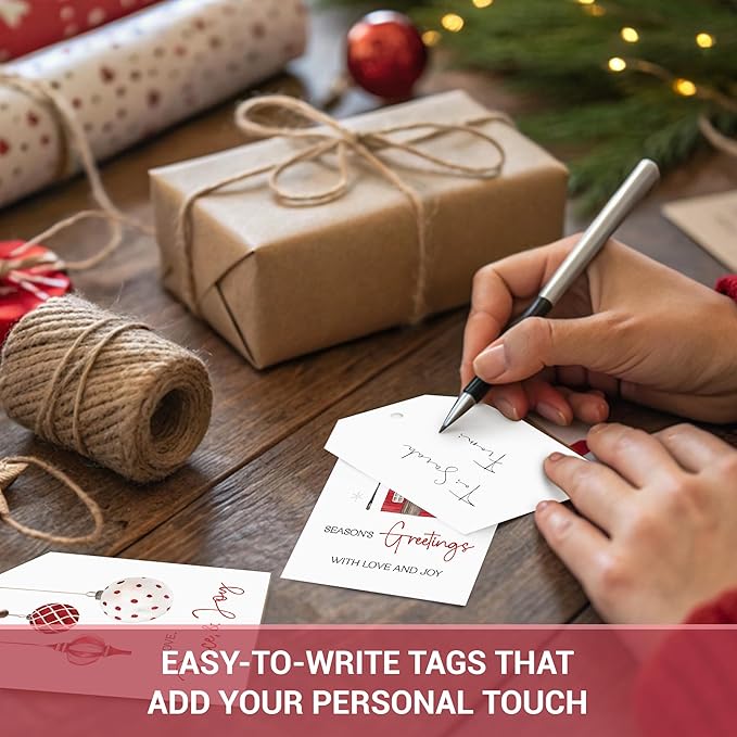 AUDREE 50 Pcs Christmas Gift Tags with String - Elegant Red & White Holiday Tags - Christmas Name Tags for Gifts - Hanging Labels Decoration Xmas Winter Holiday Present DIY Crafts